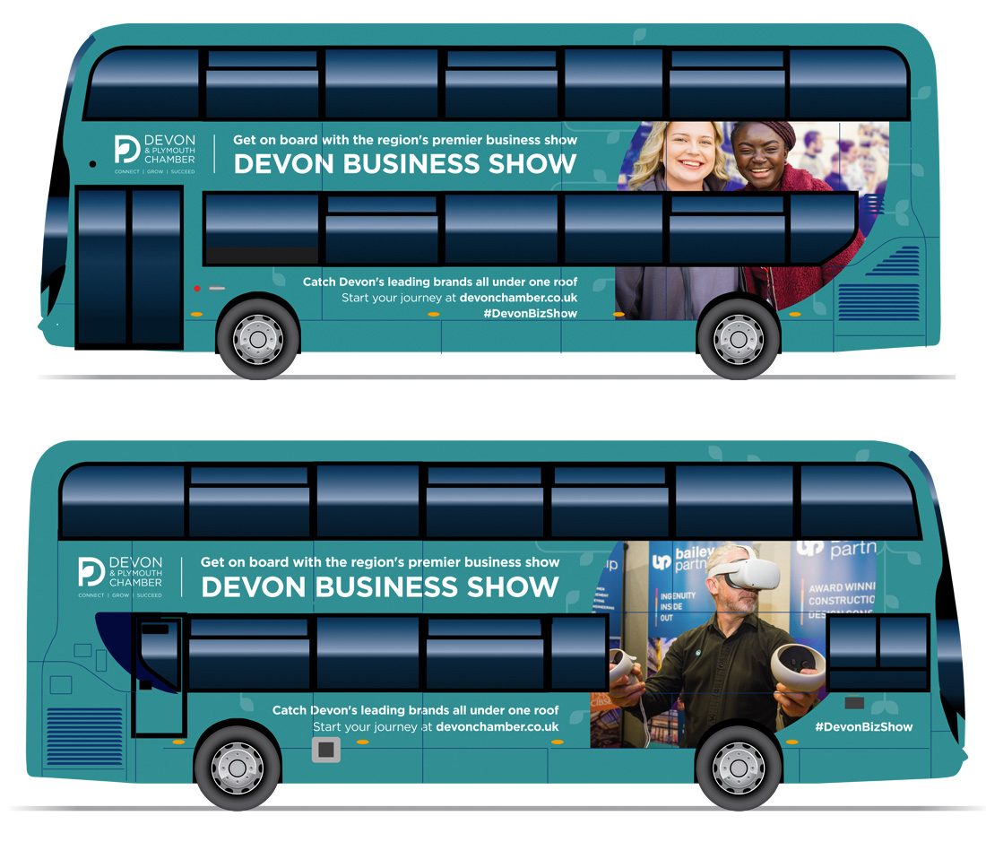 Visual mockups of the bus with branded graphics