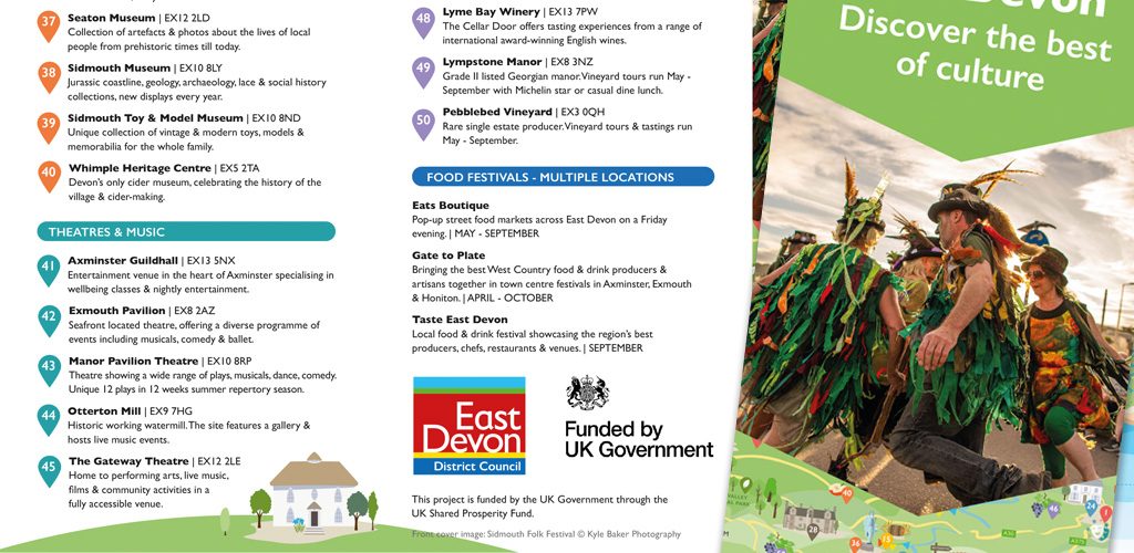 Leaflet design featuring map of East Devon and listing of cultural heritage and arts events