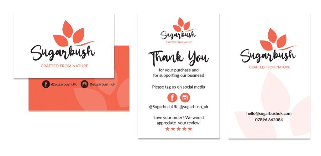 Sugarbush logo design on business cards and thank you cards